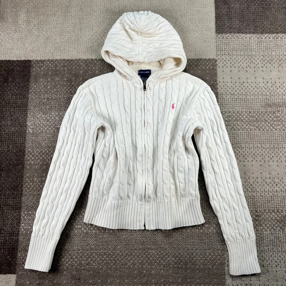 Ralph Lauren Kids XL Cream Cable Knit Full Zip Hoodie Pink Pony Cotton Sweater